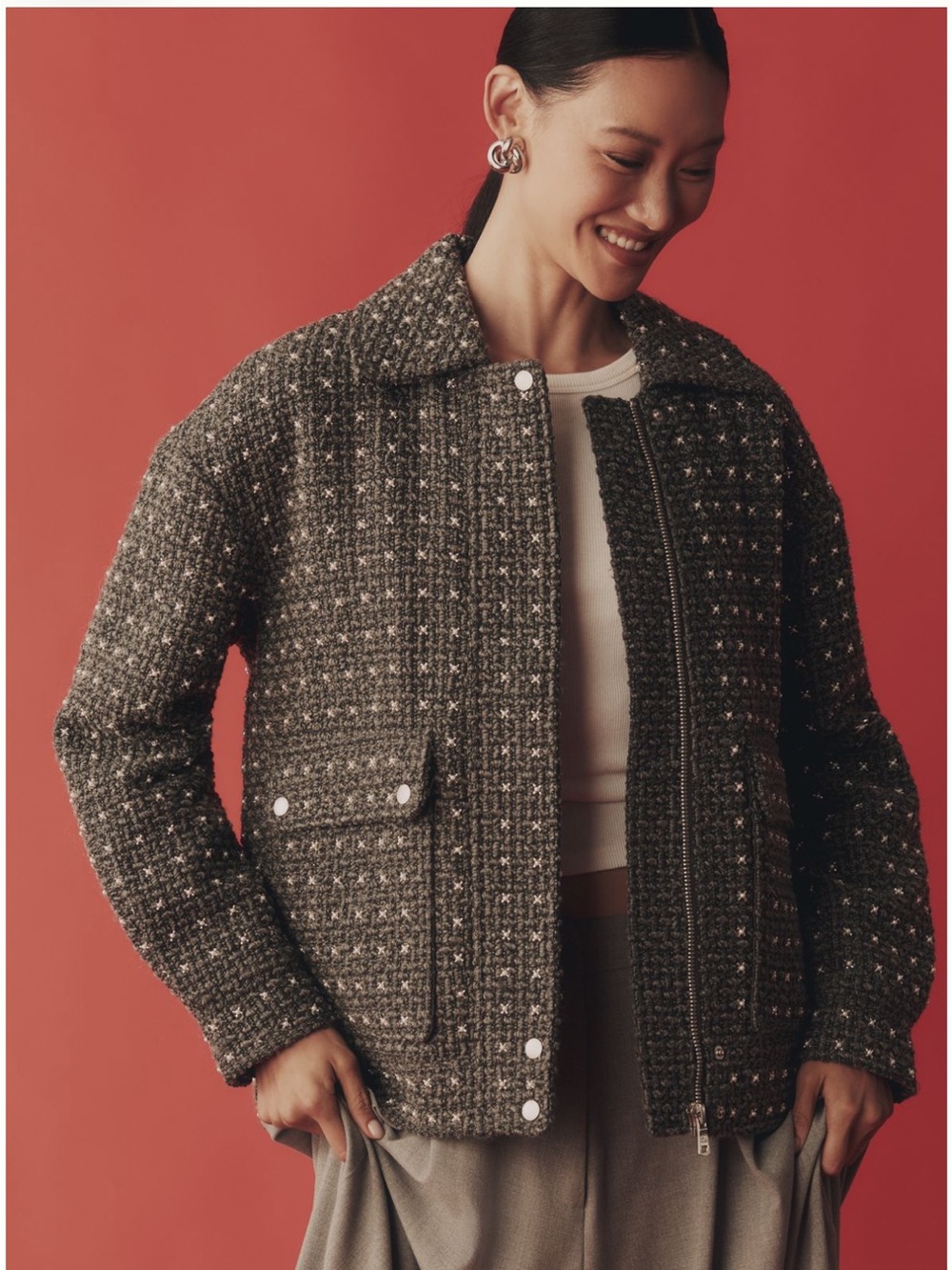 NWT Avec Les Filles Pearl Embellished Tweed Bomber Jacket